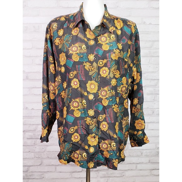 Compagnie Internationale Express Tops - Vintage 80s navy blue silk blouse baroque medals ribbons print sz‎ M by Whistles